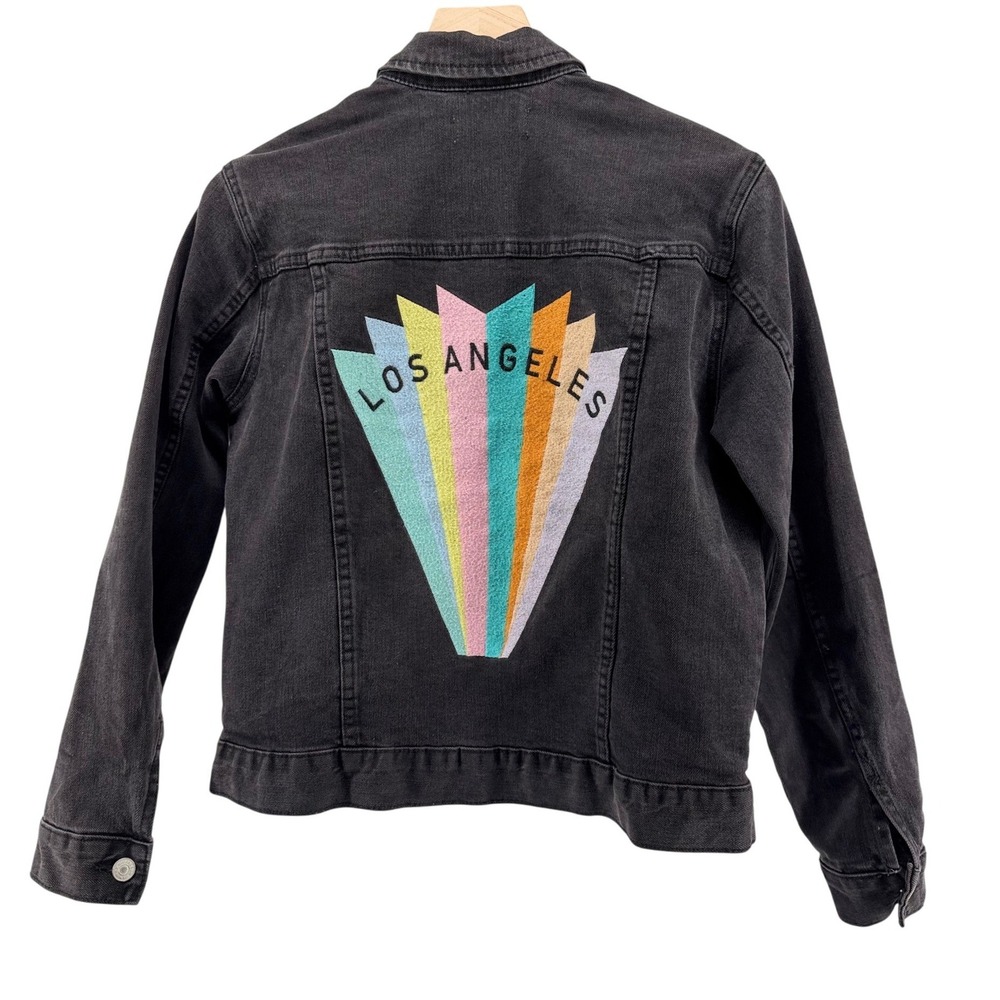 PacSun Los Angeles Black Denim Trucker Retro Boho Jacket Rainbow Graphic Small